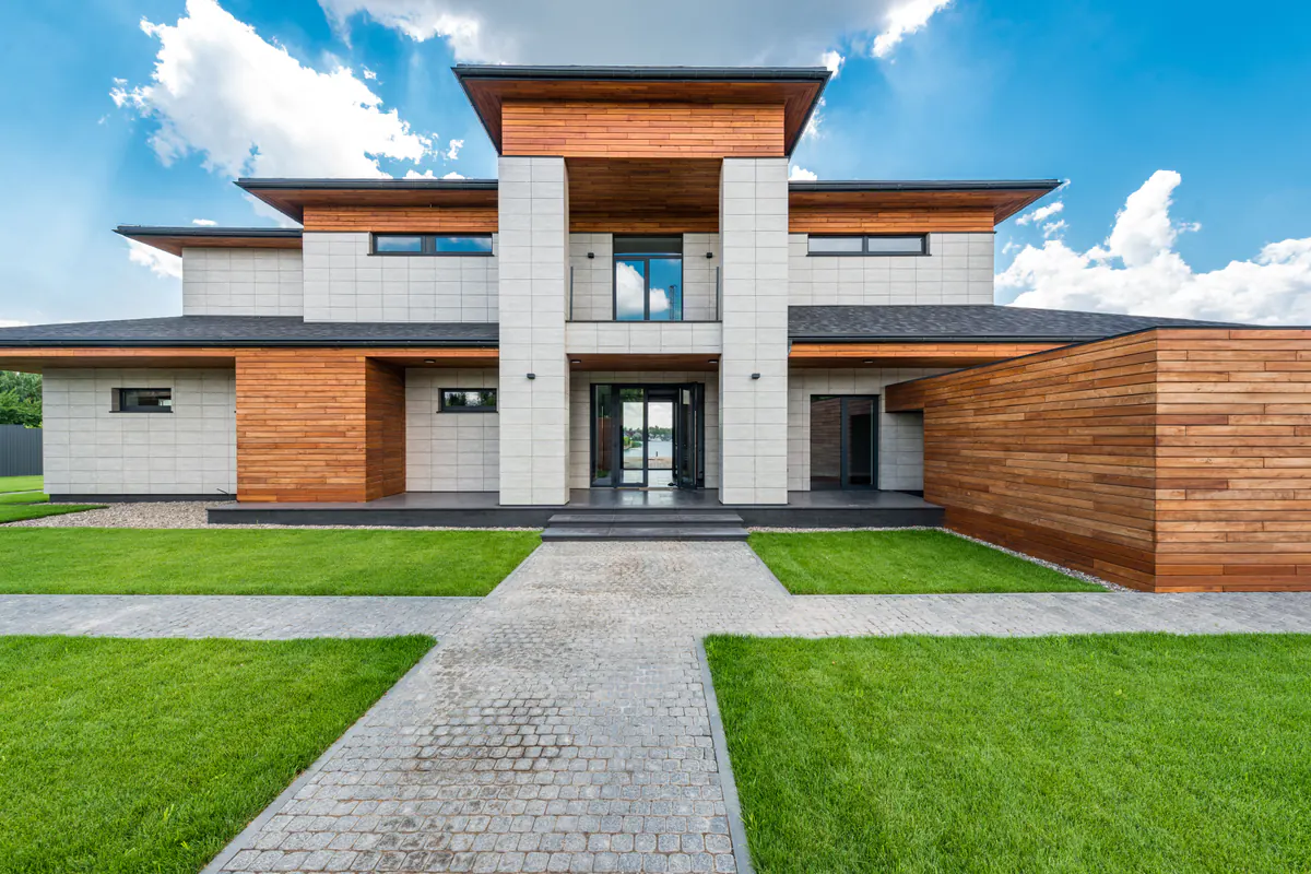 Photo de jour originale : villa moderne à deux niveaux avec bardage bois